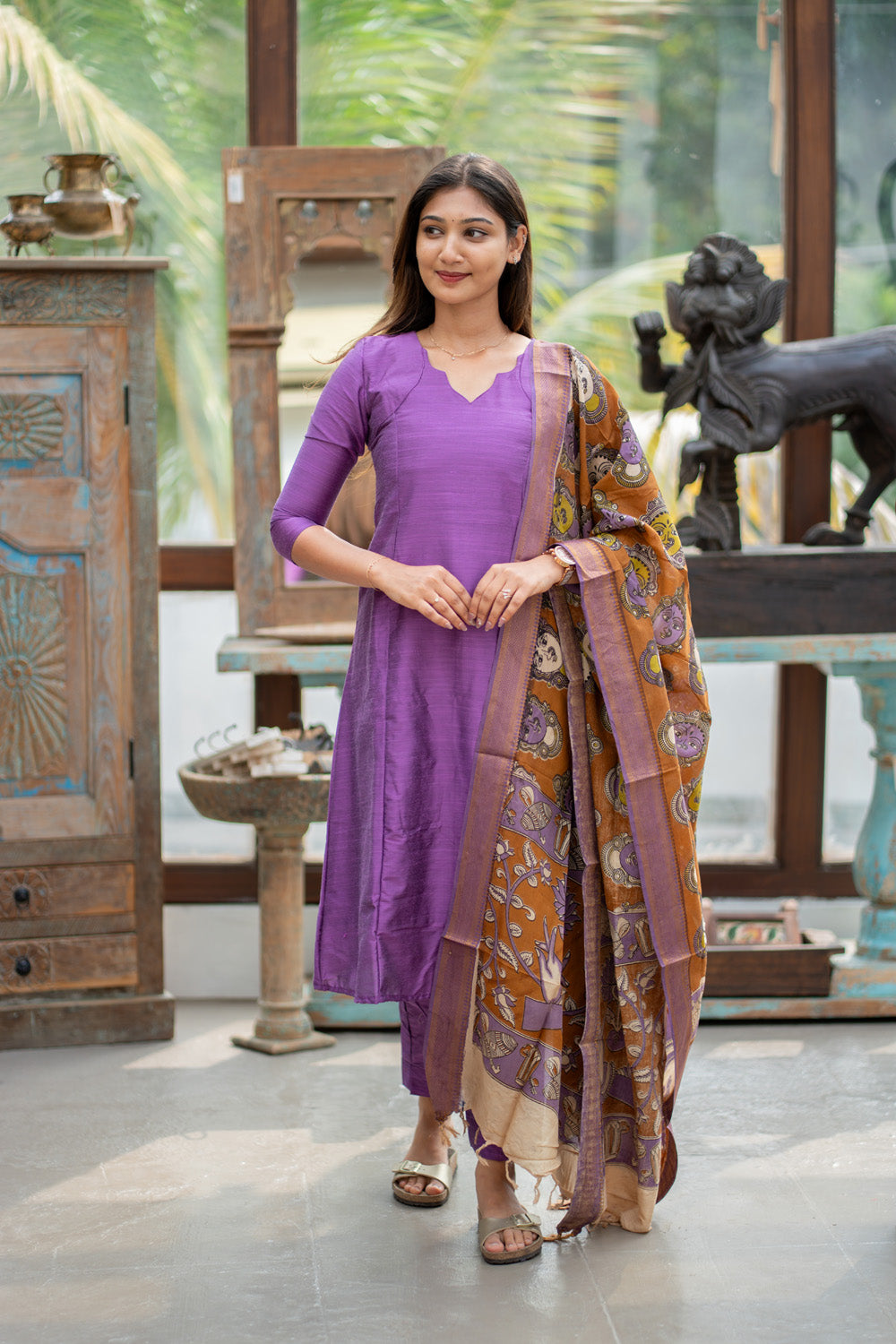 AL 614 Raw silk A line co ords with kalamkari dupatta (with lining)