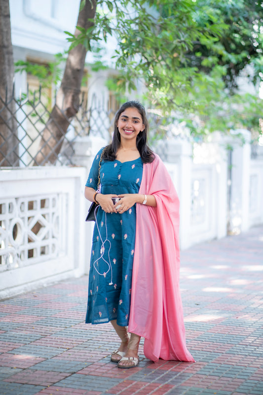 AL 510 Tussar A line kurti with embroidery motif with dupatta with lining