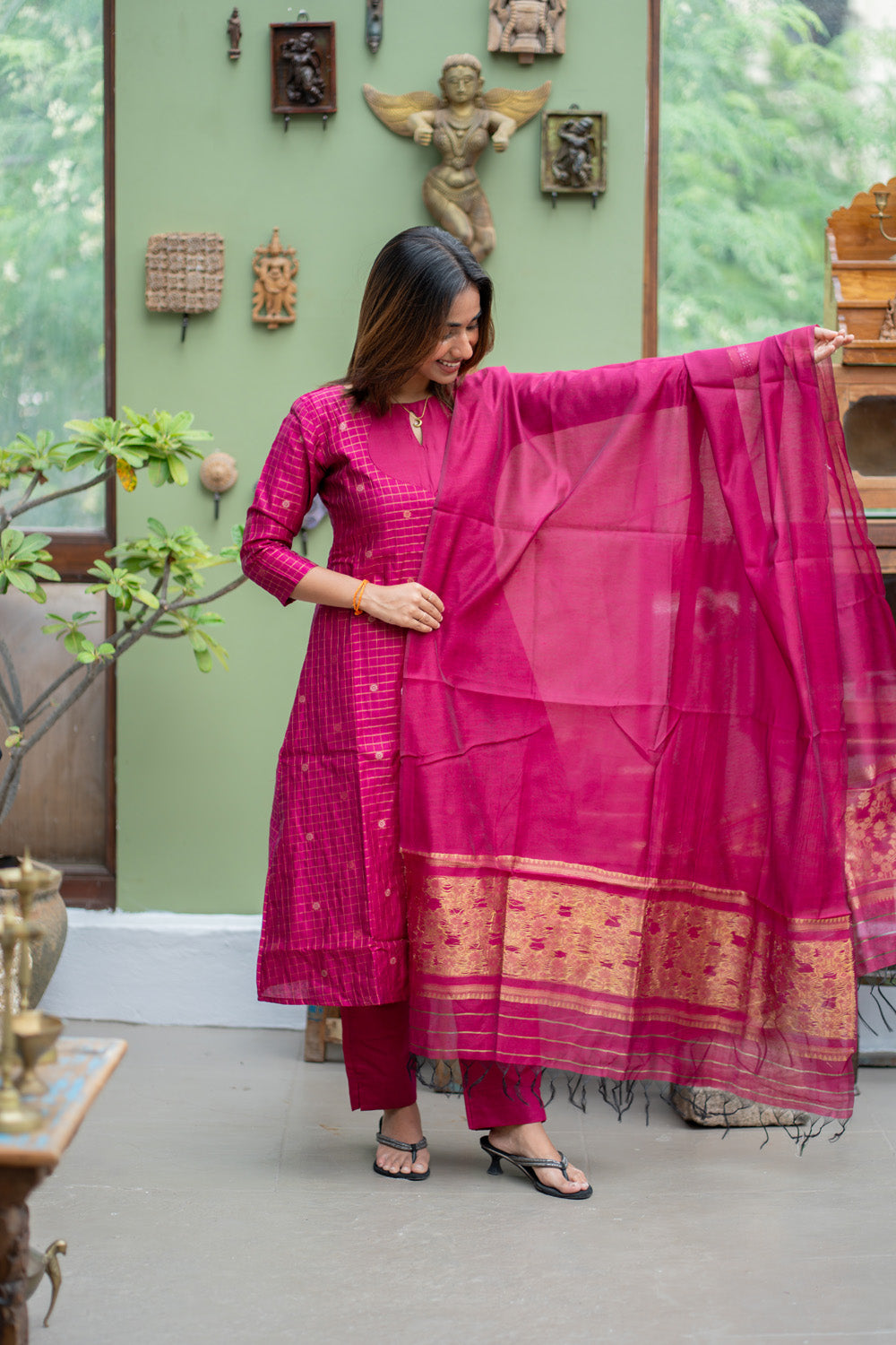 AL 615 Checked kora 3 piece silk suit (with lining)