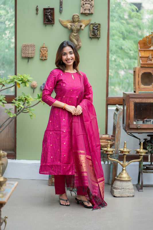 AL 615 Checked kora 3 piece A line silk suit (with lining)