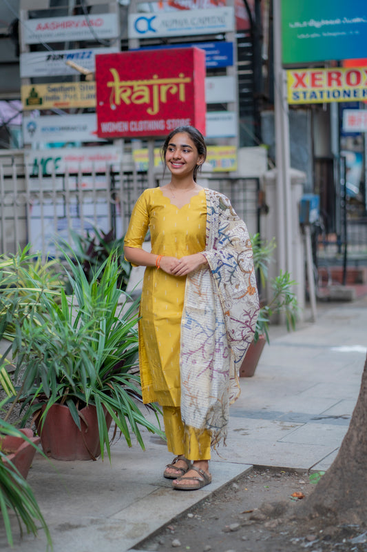AL 449 Mustard Raw silk co ords with kalamkari dupatta
