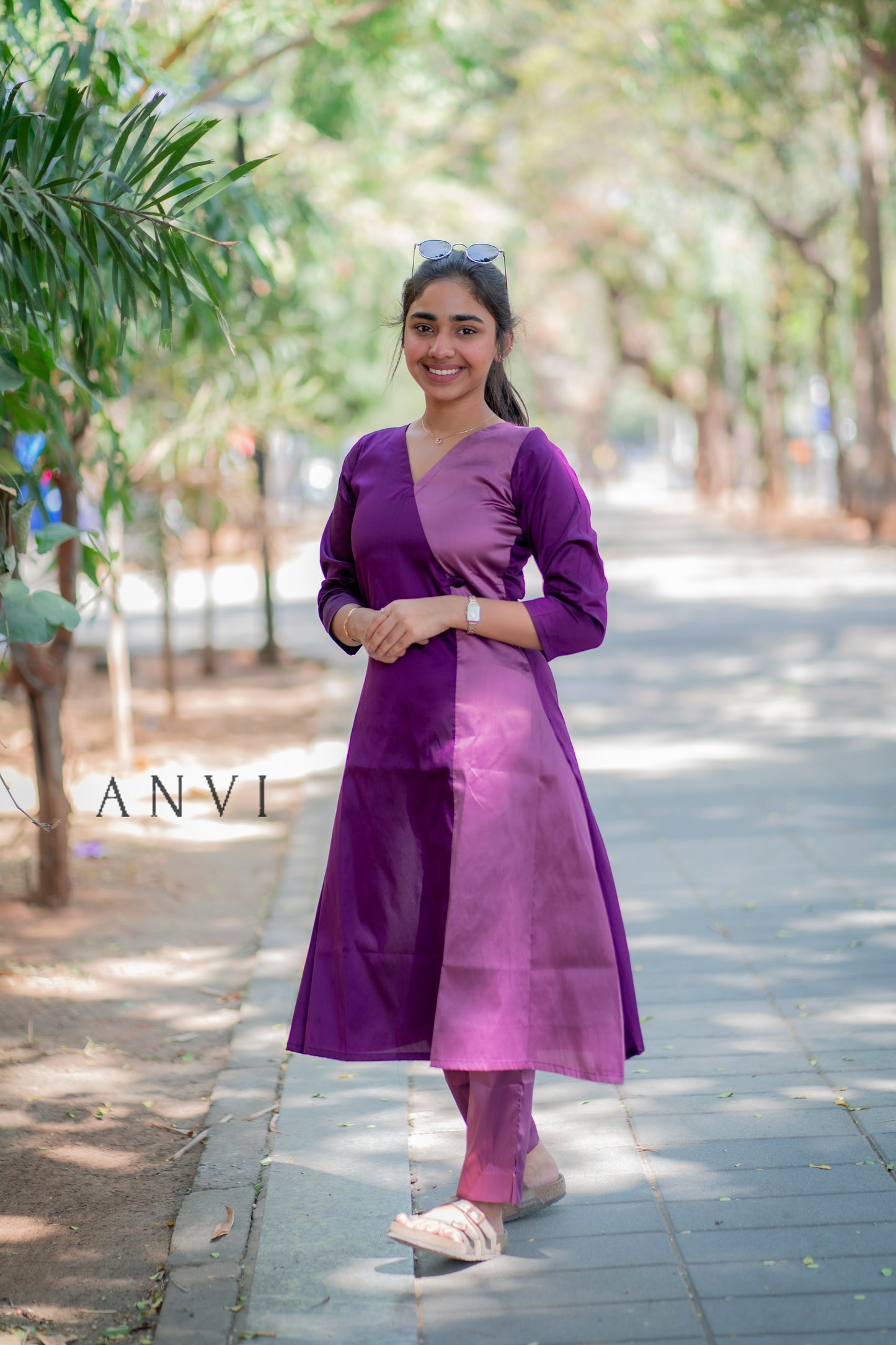AL 394 Purple half and half A line Silk kurta set ( with lining)