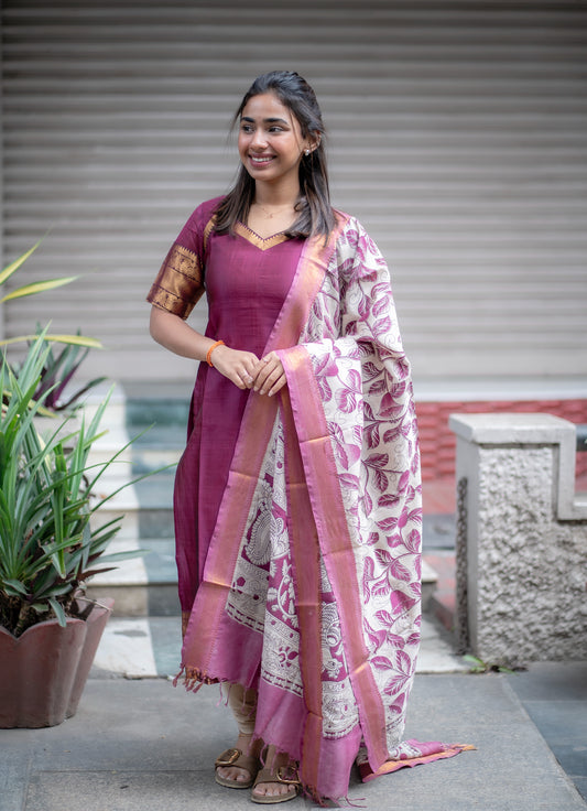 AL 557 Mangalagiri Kurti with nizam border dupatta (with lining)