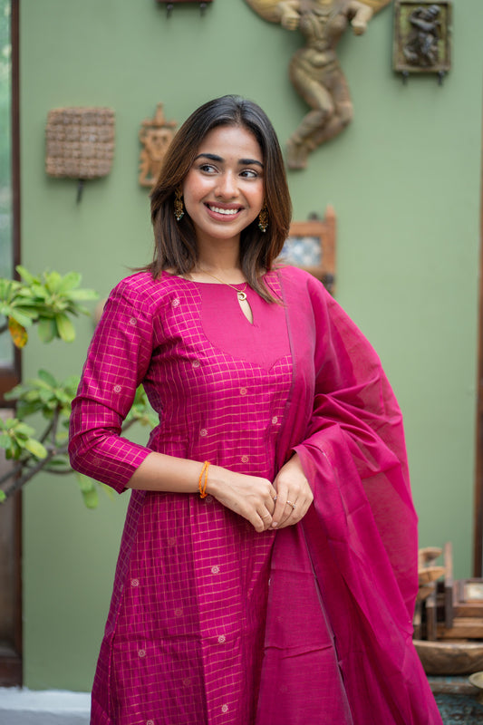 AL 615 Checked kora 3 piece A line silk suit (with lining)