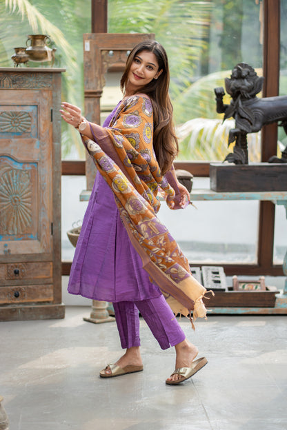 AL 614 Raw silk A line co ords with kalamkari dupatta (with lining)