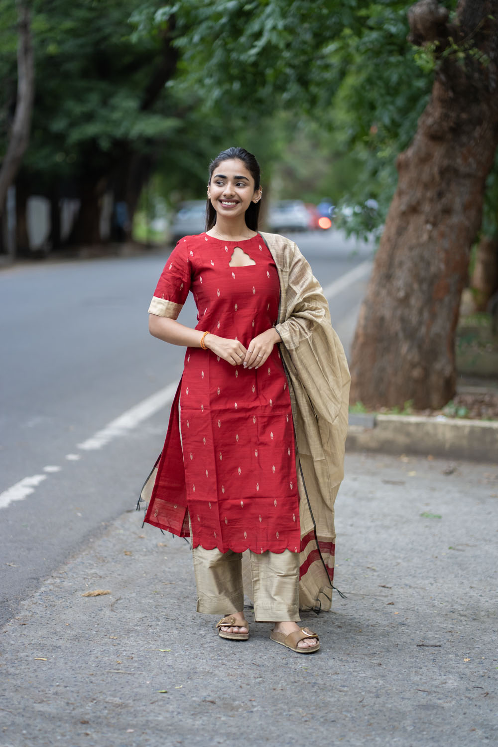 AL 583 Red raw silk 3 piece set with lining