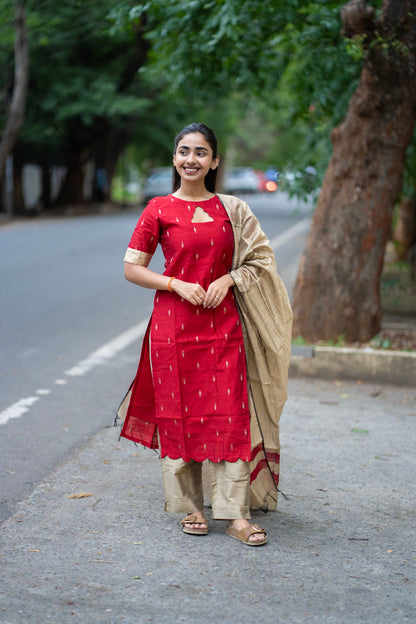 AL 583 Red raw silk 3 piece set with lining