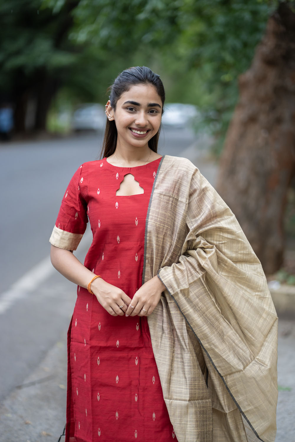 AL 583 Red raw silk 3 piece set with lining