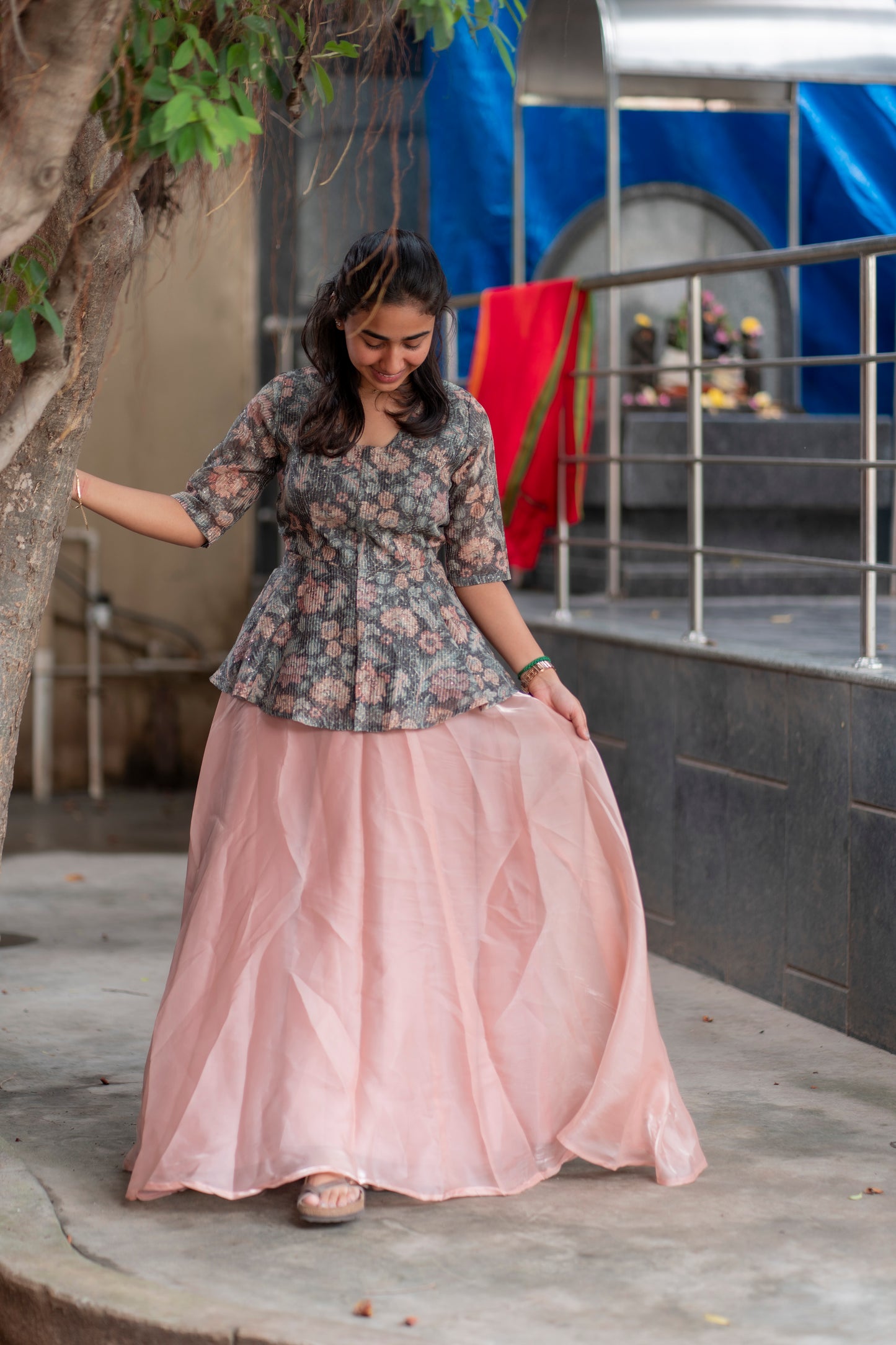Tussar tunic top with soft organza Skirt