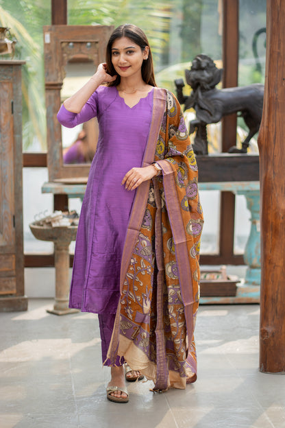 AL 614 Raw silk A line co ords with kalamkari dupatta (with lining)
