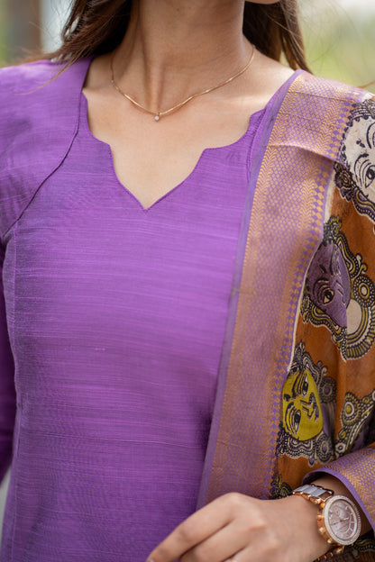 AL 614 Raw silk A line co ords with kalamkari dupatta (with lining)