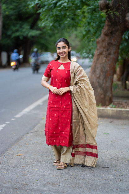 AL 583 Red raw silk 3 piece set with lining