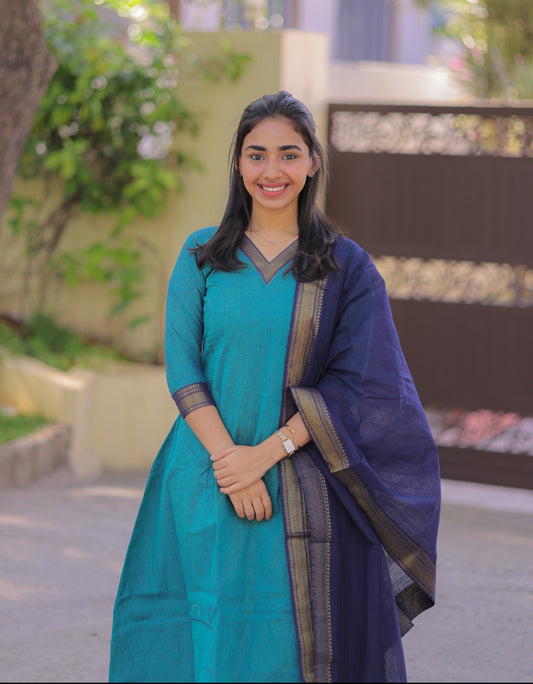 AL 492 Mangalagiri Cotton A line kurti with duppatta (with lining)