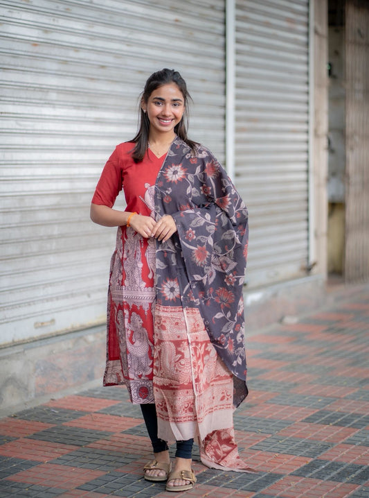AL 558 Kalamkari cotton kurti with duppatta (with lining )
