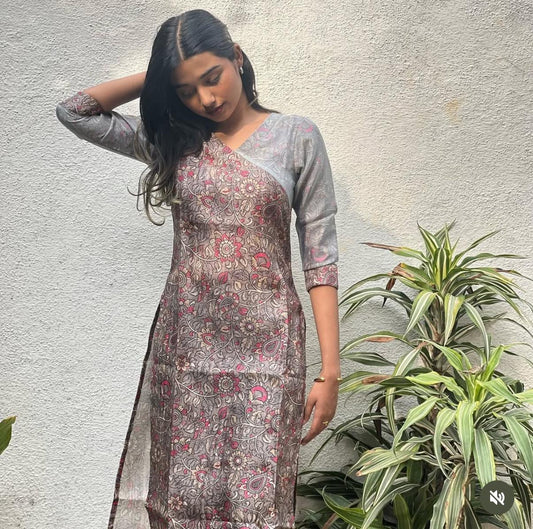 AL 161 Semi tussar kurti with organza patch